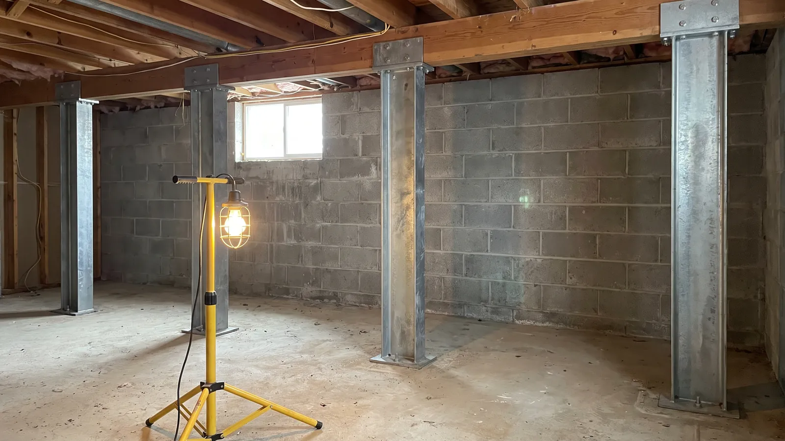 Unfinished basement with a concrete block wall braced by vertical galvanized steel beams bolted to the floor and the rim joist