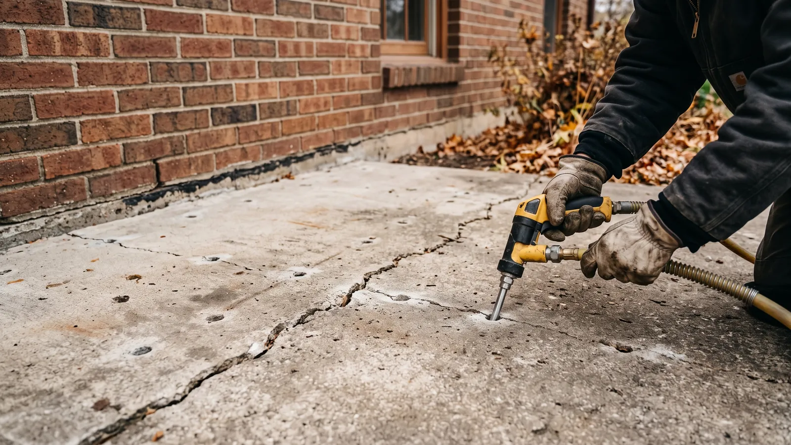Settled concrete patio slab beside a home with small injection ports drilled in it and a crew member lifting it with polyurethane foam