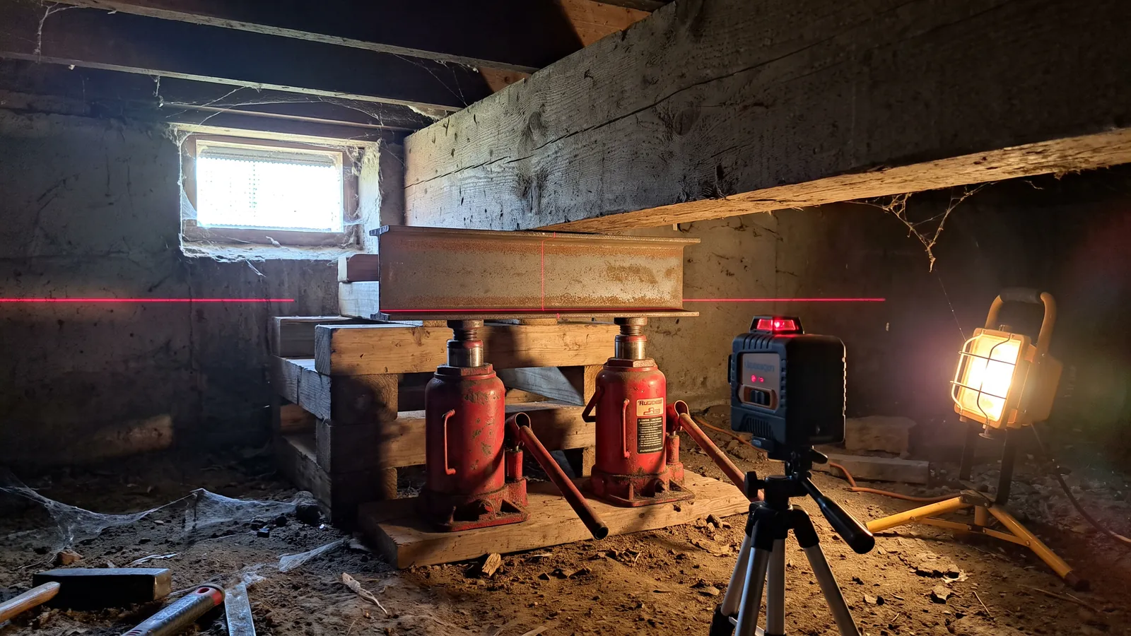 Hydraulic jacks and a steel beam set under a wood girder in a crawl space during house leveling, a laser level on a tripod