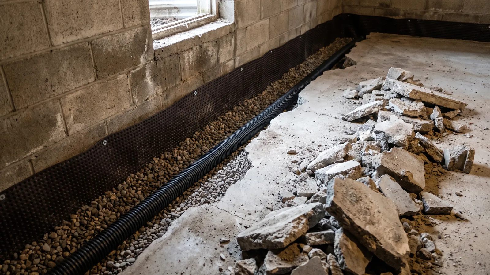Basement floor opened along the wall with a trench holding perforated drain pipe in washed gravel, a dimpled membrane against the block wall